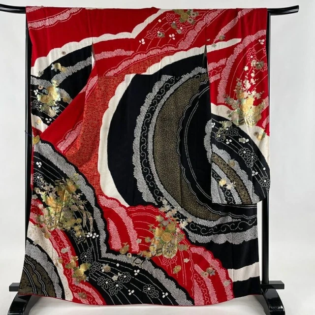 Woman Japanese Kimono Furisode Silk Flower Cart Gold Silver Foil Shibori Red