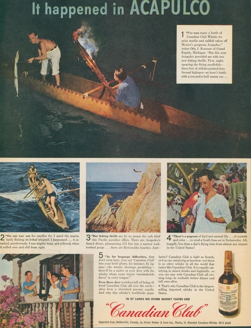 1945 Canadian Club Whisky Acapulco Fishing Parrot Diving WWII Vtg Print Ad C3