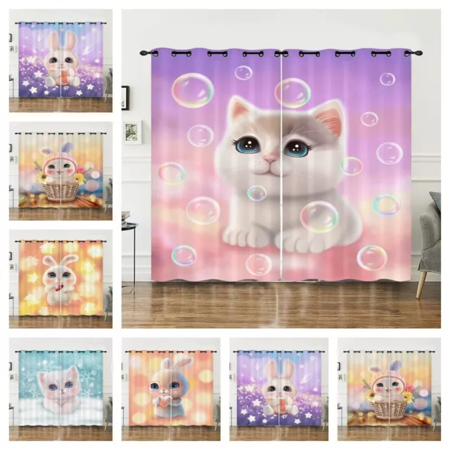 Cute Animal Bunny Cat Curtains Bedroom Living Room Eyelet Ring Top Blackout