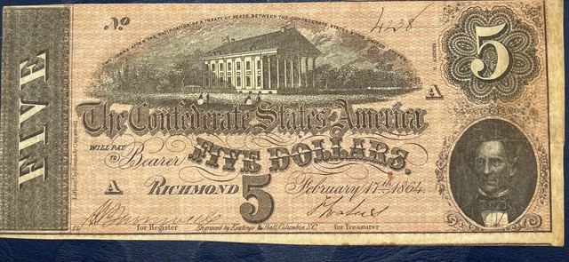 1864 $5 Dollar Bill Confederate States Currency Civil War Note