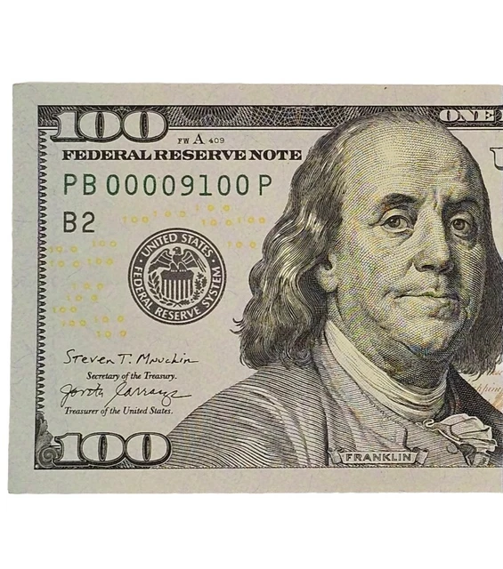 100 DOLLAR BILL LOW SERIAL NUMBER Six Zeros 00009100 2017A 209.99