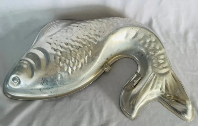 Vintage anodised silver metal  fish Jelly mold 30cm long