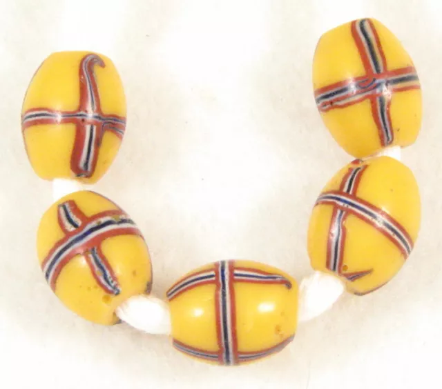 5 Old Venetian Glass Trail Decorated Yellow FRENCH CROSS African Trade Beads