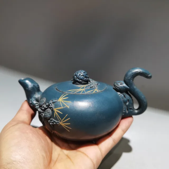 6.3″ Yixing Zisha blue Clay Handmade carve squirrel Kung Fu Tea Exquisite Teapot