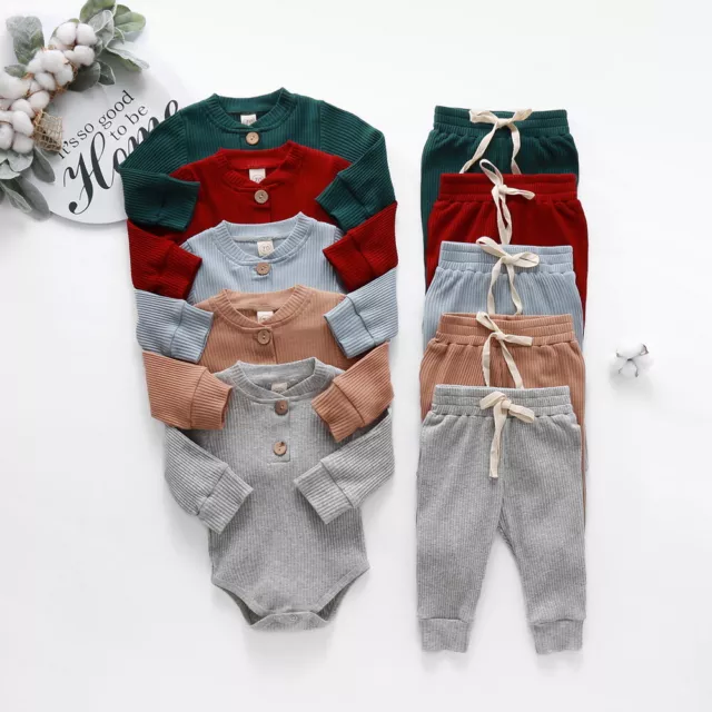 Newborn Baby Boys Girls Long Sleeve Romper Tops Pants Outfit Toddler Clothes Set 3