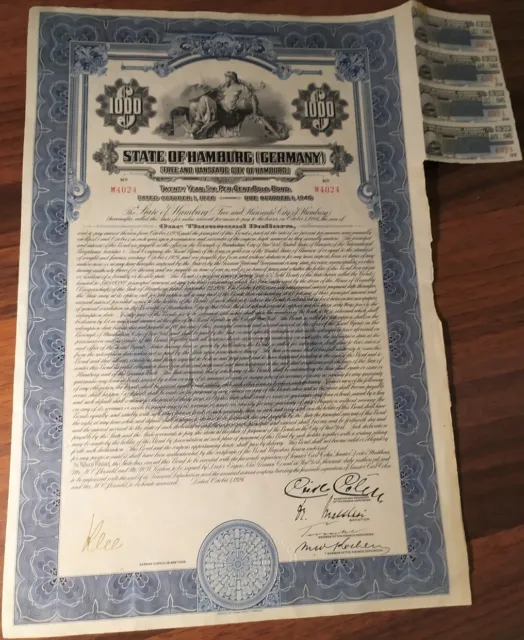 Germany 1926 State Hamburg $ 1000 Dollars Gold NOT CANCELLED Bond Loan ABNC