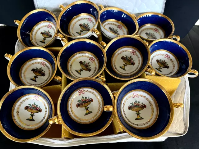 11 VTG Copeland Spode Raise Gold Encrust Figural Basket Bouillon Cups Bowl +Case