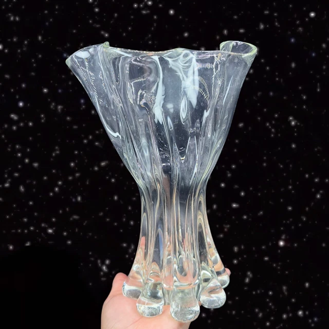 1970s Czech Clear Art Glass Vase Stretch Swung Vase Hand Blown Glass Tall 10.5”T