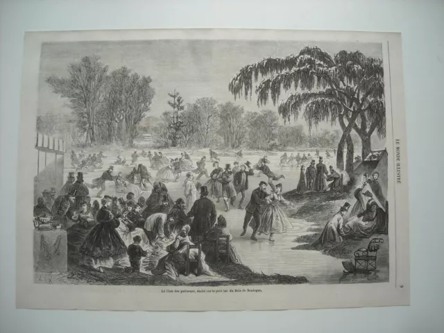 Gravure 1865. Le Club Des Patineurs, Etabli Sur Le Petit Lac Du Bois De Boulogne