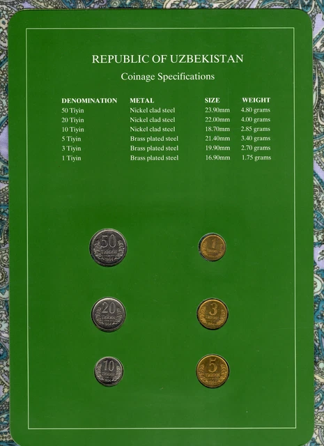 Coin Sets of All Nations Uzbekistan w/card UNC 1,3,5,10,20,50 Tiyin 1994 2