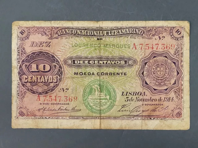 PORTUGAL PORTUGUESE LOURENÇO MARQUES MOZAMBIQUE DEZ CENTAVOS 1914 Bank Note