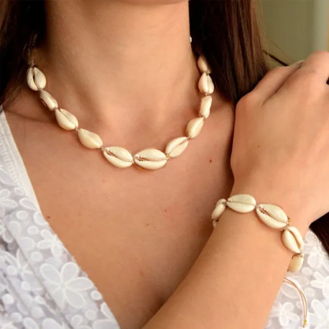 Boho Natural Sea Shell Charm Handmade Bracelet Necklace Anklet Set Jewelry Women