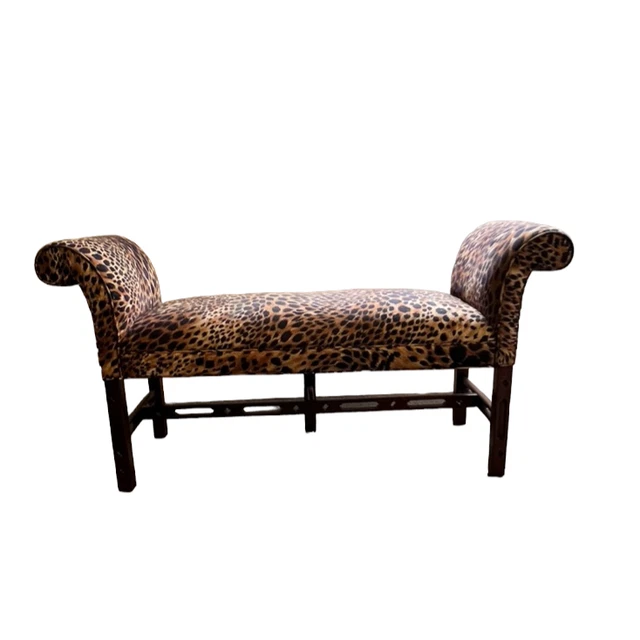 Leopard Print Upholstered  Bench w Rolled Arms  AH58-3