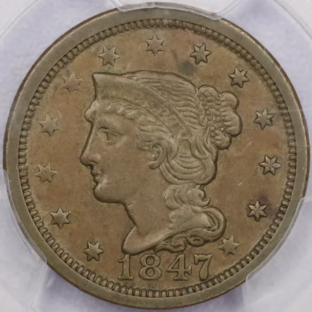 1847 1c Braided Hair Cent - PCGS AU 50