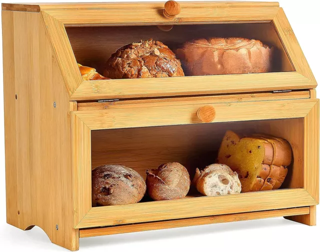 Natural Double Layer Bamboo Bread Box for Kitchen Countertop Counter-Large Fill