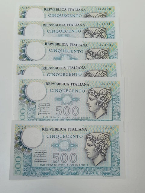 Lotto Sei Banconote 500 Lire Mercurio Serie Consecutiva 20-12-1976 Fds
