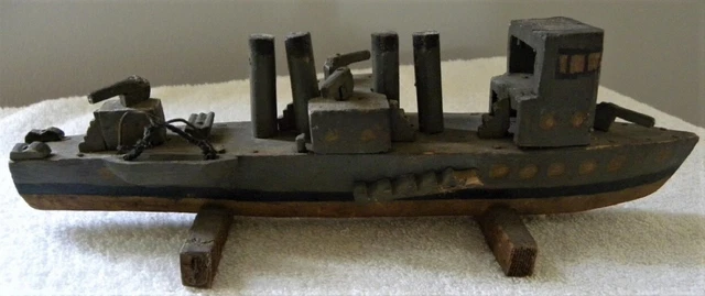 Vintage Homemade Hand Carved Gun Boat, Ship, Folk Art 10" Wood Battleship