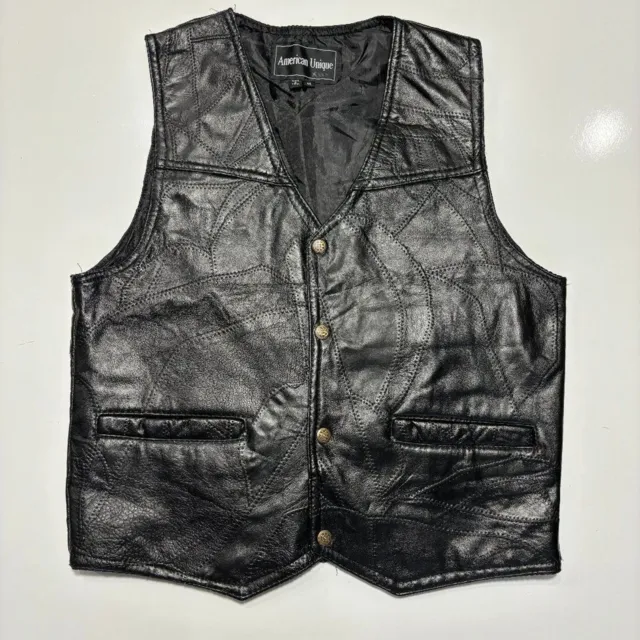 American Unique VTG Genuine Leather Vest Snap Buttons Jacket Black Size M Men's