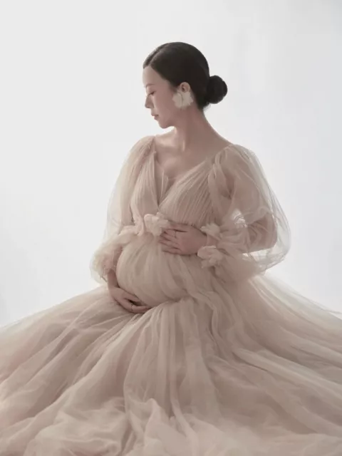 Maternity Dresses for Photo Shoot Long Sleeve Tulle Floral Maxi Gowns Dress 3