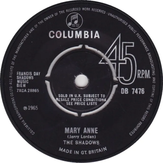 The Shadows - Mary Anne  Columbia ‎– DB 7476 7" Vinyl 45rpm