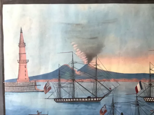 19thC Gouache Vesuvius Bay Naples Seascape French Boat Naive Folk Art C1861 2