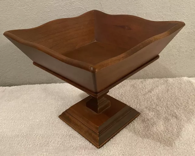 Vintage Mid Century Modern Wood Pedestal Fruit & Nut Square Serving Bowl, 7.5”