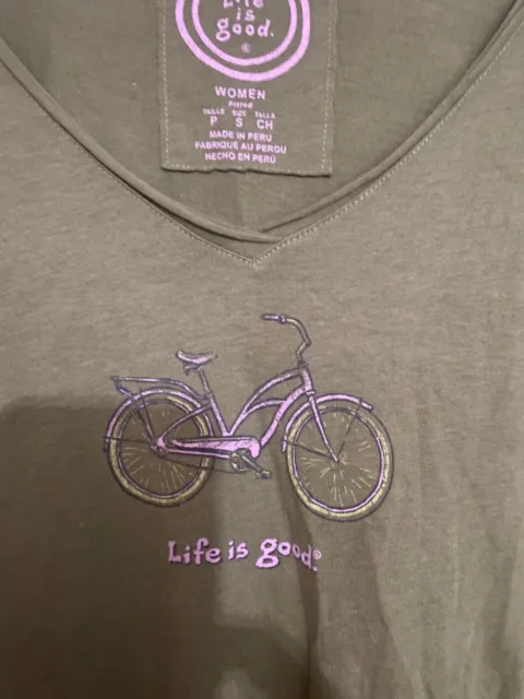 LIFE IS GOOD Women´s Green Cotton T-Shirts SZ L Long Sleeve "BIKE"