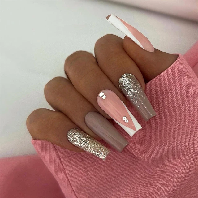 Ataúd largo marrón brillante francés uñas falsas prensa sobre uñas arte 24 piezas
