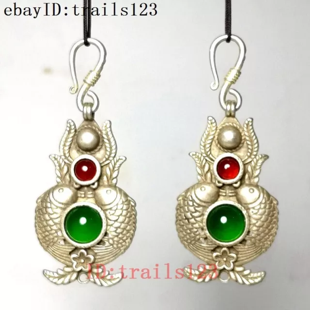 Collection Old China Tibet Silver Hand-made Inlay Jade Fish Eardrop Dangler Gift