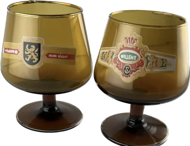 Vintage Set Of 2 MCM Amber Glass Brandy Snifter Cognac Glass Gold Edge Trim Base