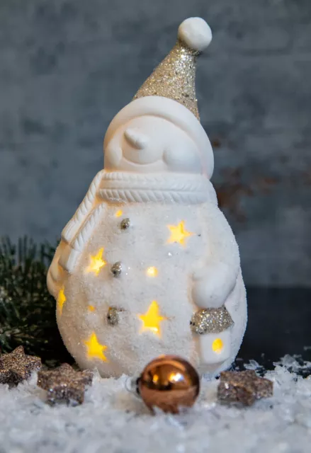 Deko Schneemann Keramik LED Figur weiß Weihnachten Tischdeko 17cm Beleuchtung