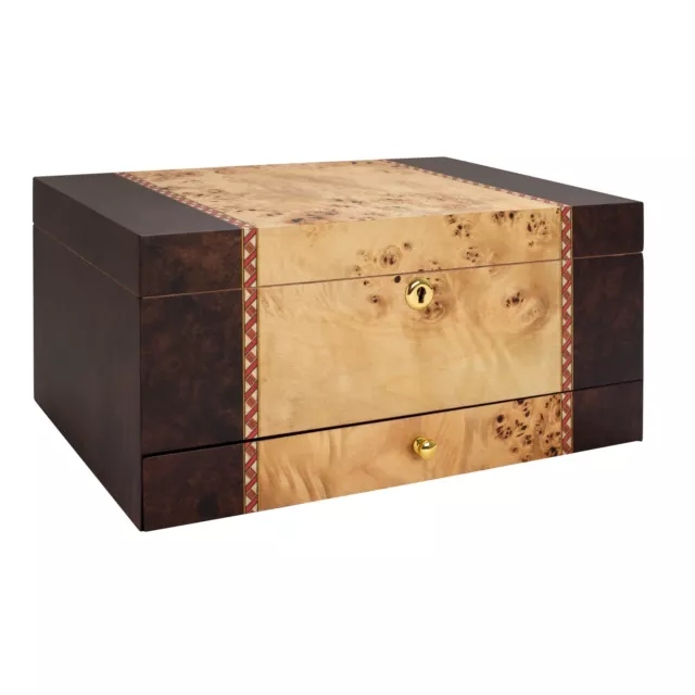 Florina Cigar Humidor Walnut and Mappa Burl Wood with Decorative Inlay 80 Cigars