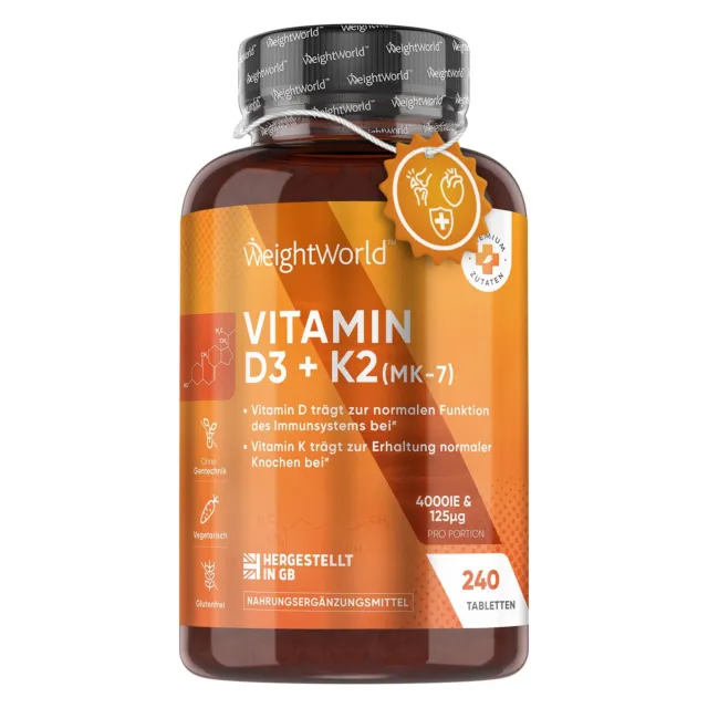 Vitamin D3 K2 Hochdosiert - 240 Tabletten - 4000IE - Knochen & Muskelgesundheit