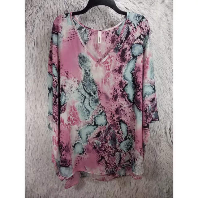 Twenty Ten Blouse Womans Large Pink Reptile Scale Print Oversized V Neck Top