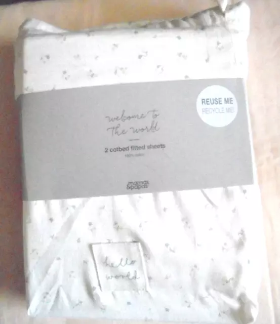 Mamas & Papas 2 Cot Bed Fitted Sheets -Welcome To The World.