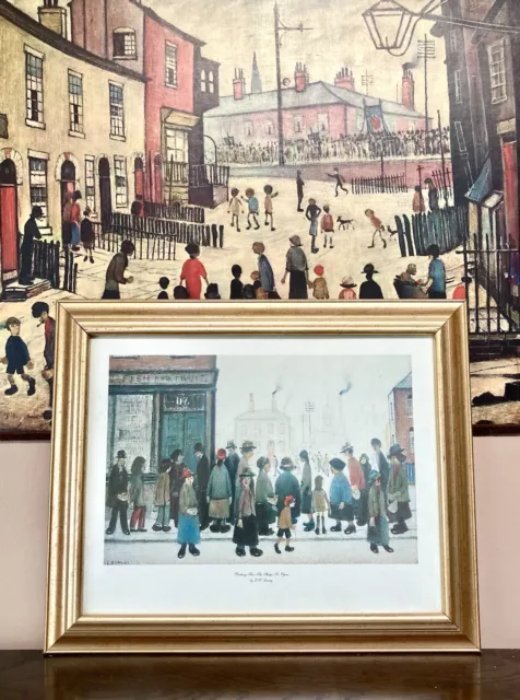 L S Lowry Vintage 1950's Scene ‘Waiting For The Shops To Open’ Mounted Frame Art