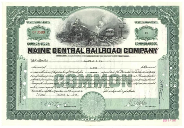 Maine Central Railroad Company. Stock Certificate. 1944