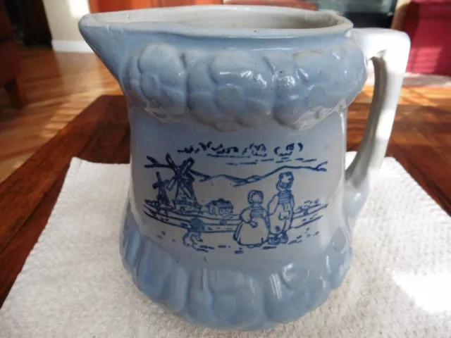 Antique Blue And White Stoneware Pitcher Dutch Boy Girl & Windmill - VERY GC