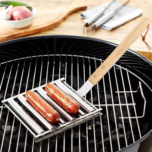 Wooden Handle Hot Dog Roller Stainless Steel BBQ Tool  Kitchen