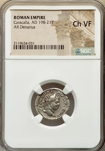 Monete Romane. CERTIFICATA NGC Grado Ch VF. Denario Argento CARACALLA Denarius