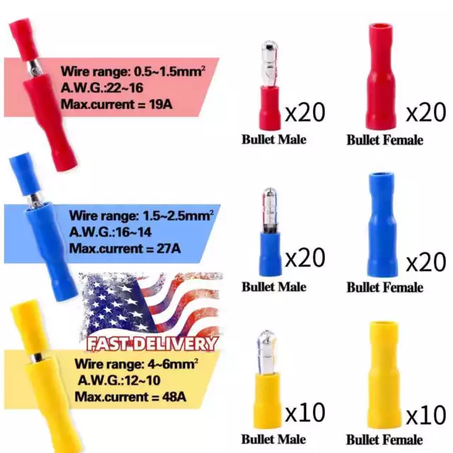 100X Female&Male Crimp Terminals Insulated Bullet Butt Wire Connectors AWG 22-10