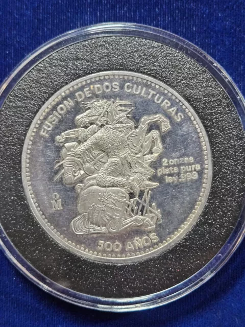 Medalla Redonda de Plata .999 México 2 oz ""500 Anos Fusión de Dos Culturas"" Mexicana"