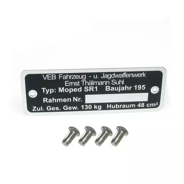 Typenschild mit 4x Kerbnagel für Simson SR1 - Bj. 195