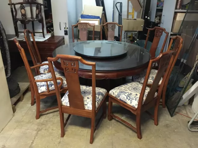 Elegant Hand-Carved Rosewood Circular 8 Chair Dining Suite w Rotatable Table Top