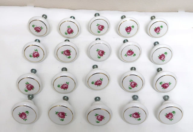 20 Amerock 221WHT Red Rose on White Ceramic Mushroom 1-1/2" Cabinet Knob Pulls