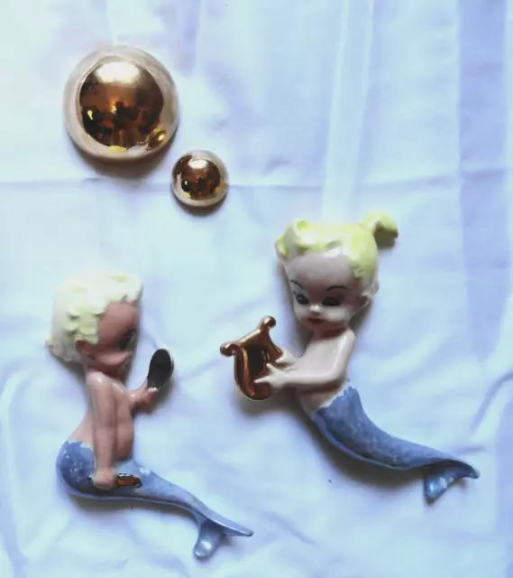 Vintage Ceramic Pair Blonde Mermaid Wall Plaques Bubble Harp