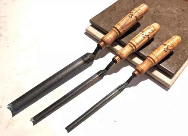 Three Buck Bros Cranked-Neck Chisels - 3/8, 1/2, and 1 Inch