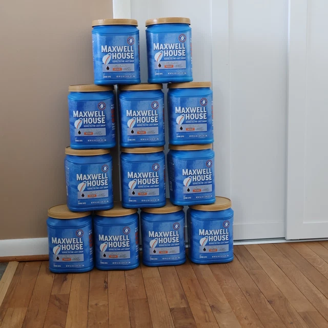 12 recipientes de café de plástico vacíos Maxwell House con tapas de plástico