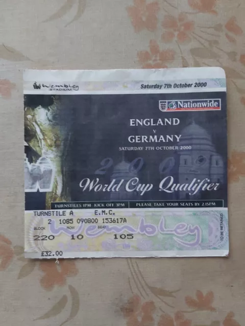 England V Germany 2000 Ticket Stub,last Wembley Game