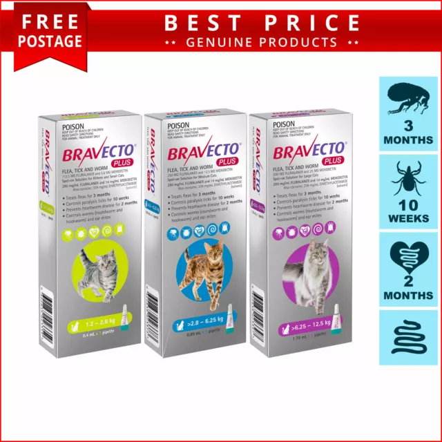 BRAVECTO PLUS 1 Dose for Cats Flea Tick Worm and Heartworm Prevention